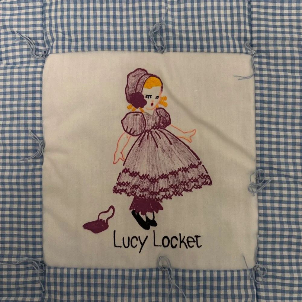 Vintage Nursery Rhyme Crib Quilt Hand Painted Gingham Blue White 12 Panel